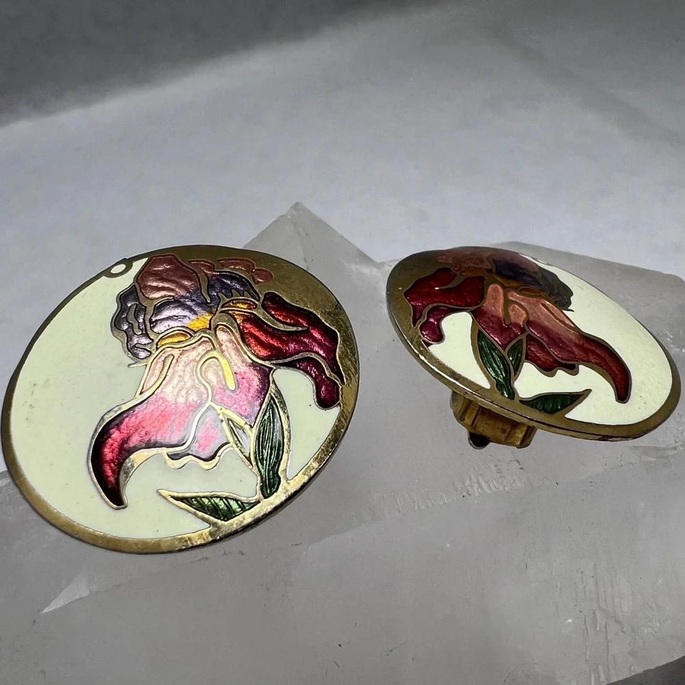 Vintage Cloisonne Enamel Iris Floral Clip On Earrings Gold Tone Oval‎ Statement